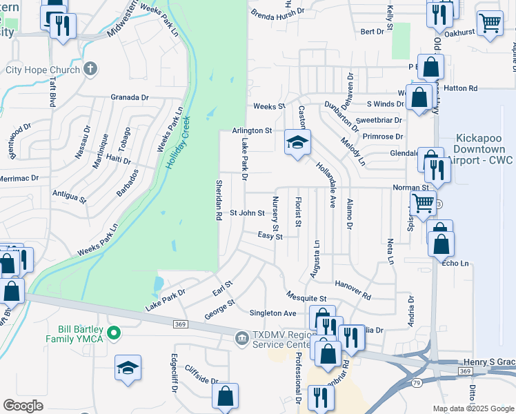 map of restaurants, bars, coffee shops, grocery stores, and more near 1601 Saint John Street in Wichita Falls