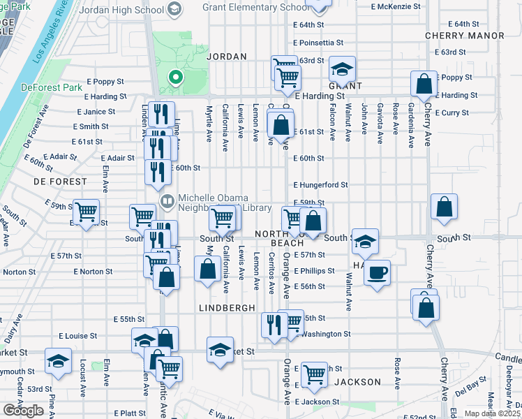 map of restaurants, bars, coffee shops, grocery stores, and more near 5880 Lemon Avenue in Long Beach