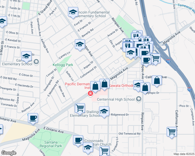 map of restaurants, bars, coffee shops, grocery stores, and more near 864 Papaya Street in Corona