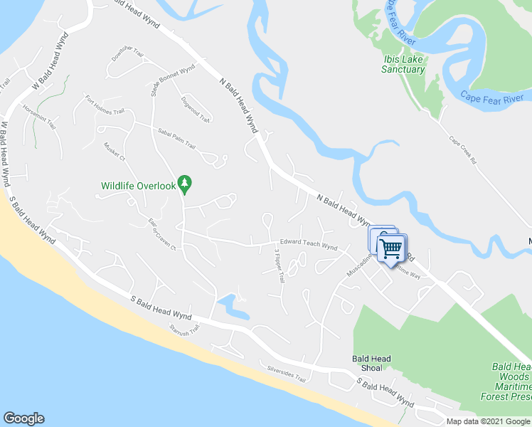 map of restaurants, bars, coffee shops, grocery stores, and more near 19 Sandwich Tern Trail in Bald Head Island