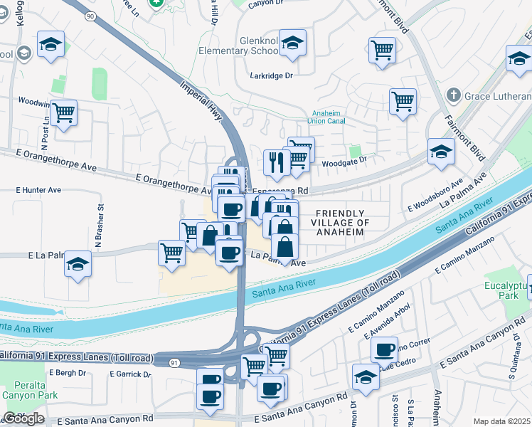 map of restaurants, bars, coffee shops, grocery stores, and more near 1265 North Chrisden Street in Anaheim