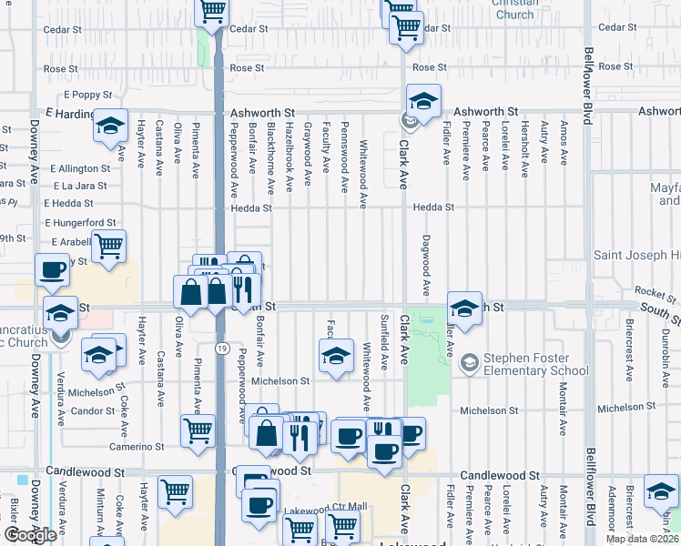 map of restaurants, bars, coffee shops, grocery stores, and more near 5817 Pennswood Avenue in Lakewood