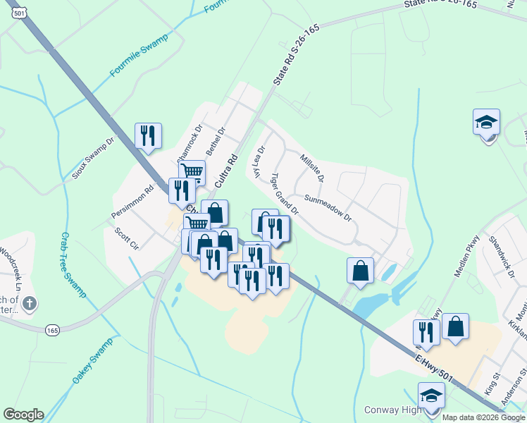 map of restaurants, bars, coffee shops, grocery stores, and more near 2780 U.S. 501 in Conway