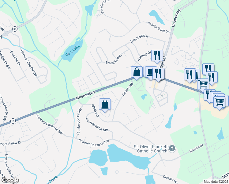 map of restaurants, bars, coffee shops, grocery stores, and more near 2920 Cooper Brook Drive in Snellville