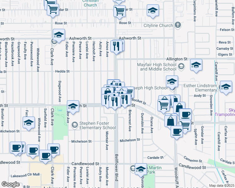 map of restaurants, bars, coffee shops, grocery stores, and more near 5831 Bellflower Boulevard in Lakewood