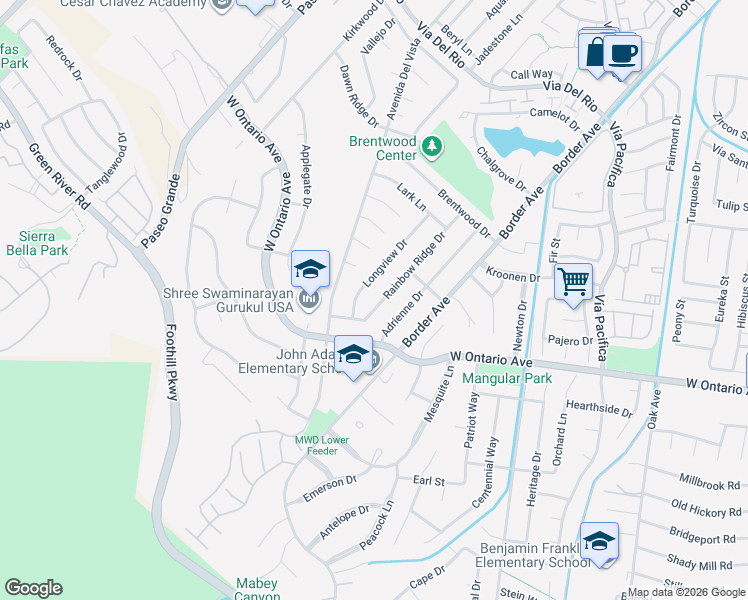 map of restaurants, bars, coffee shops, grocery stores, and more near 2293 Longview Drive in Corona
