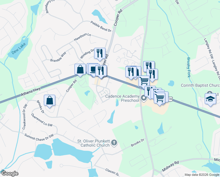 map of restaurants, bars, coffee shops, grocery stores, and more near 1002 Atlanta Highway in Grayson