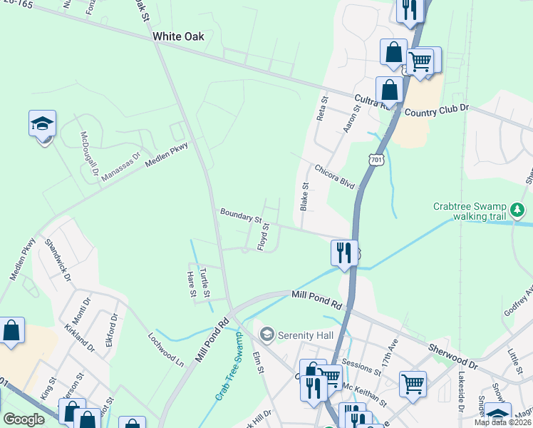 map of restaurants, bars, coffee shops, grocery stores, and more near 1118 Boundary Street in Conway