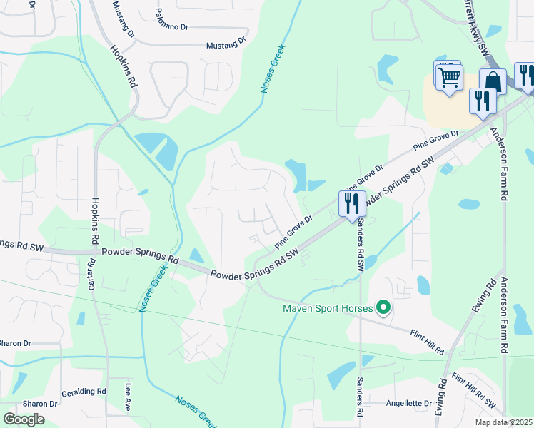 map of restaurants, bars, coffee shops, grocery stores, and more near 3836 Abbott Lane in Powder Springs