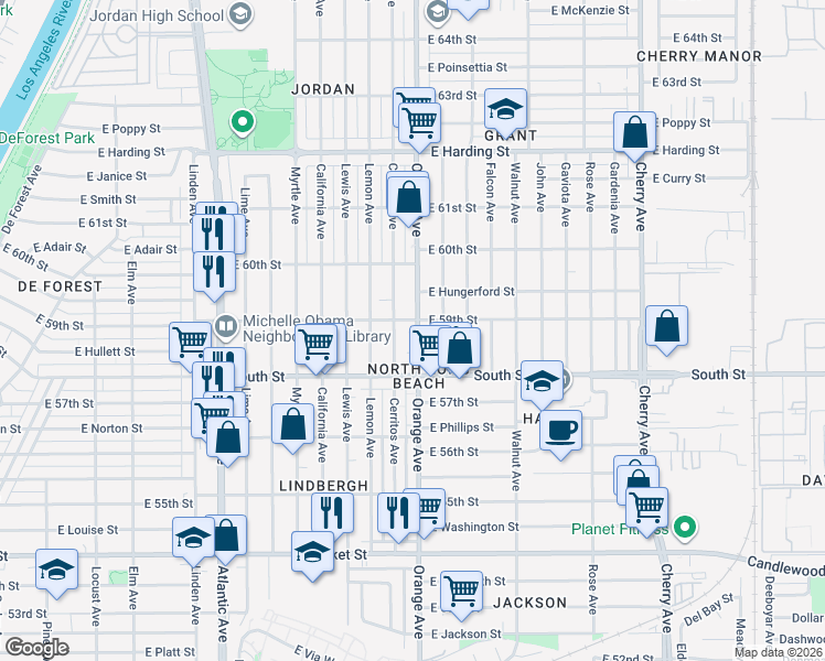 map of restaurants, bars, coffee shops, grocery stores, and more near 5881 Orange Avenue in Long Beach