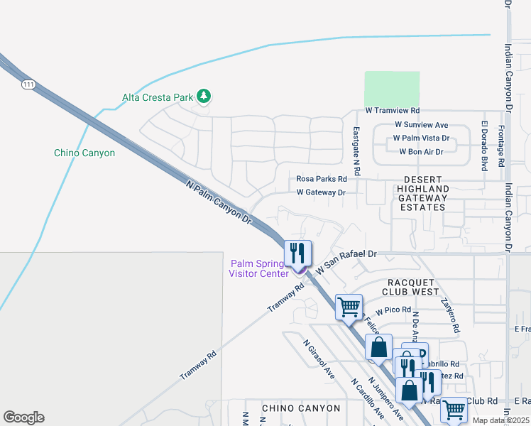 map of restaurants, bars, coffee shops, grocery stores, and more near 751 Los Felices Circle West in Palm Springs