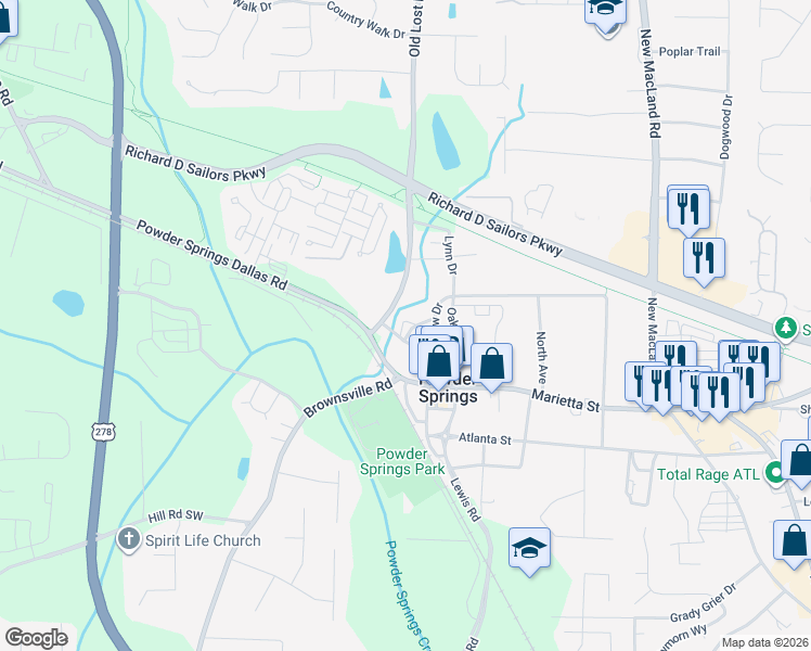 map of restaurants, bars, coffee shops, grocery stores, and more near 4506G Cemetery Street in Powder Springs