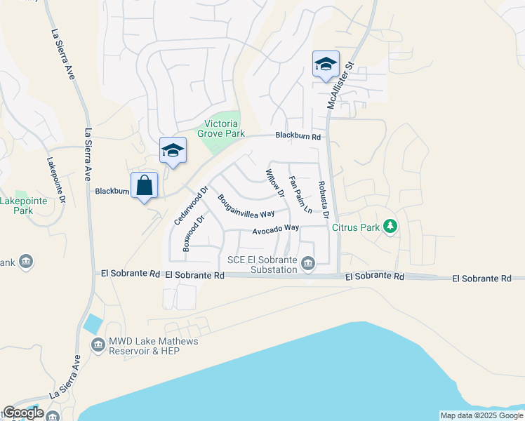 map of restaurants, bars, coffee shops, grocery stores, and more near 12612 Bougainvillea Way in Riverside