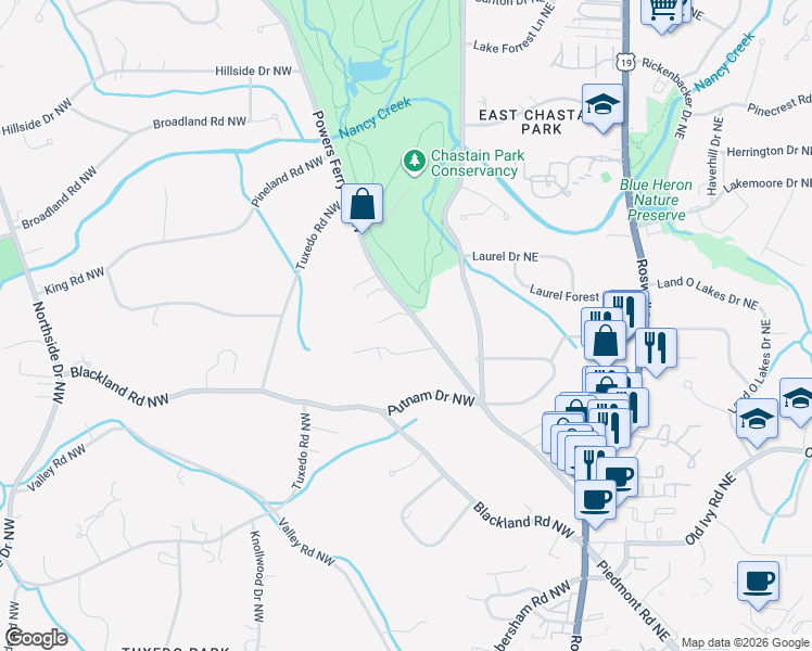 map of restaurants, bars, coffee shops, grocery stores, and more near 3906 Powers Ferry Road Northwest in Atlanta
