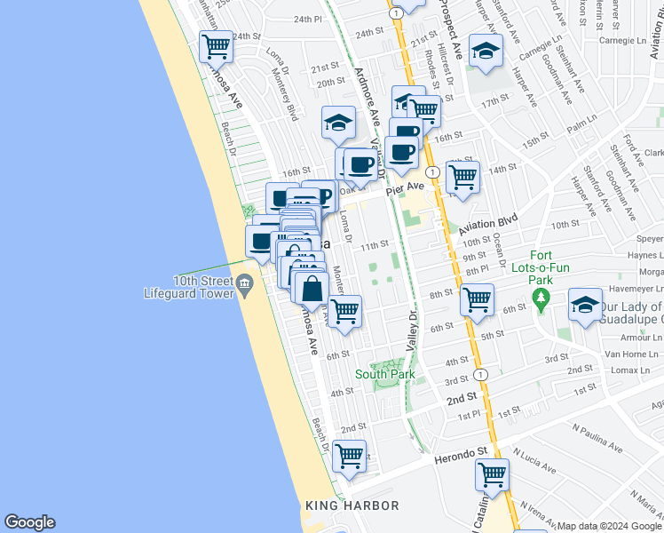 map of restaurants, bars, coffee shops, grocery stores, and more near 1035 Monterey Boulevard in Hermosa Beach