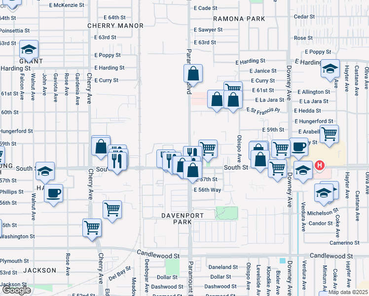 map of restaurants, bars, coffee shops, grocery stores, and more near 5811 N Paramount Blvd in Long Beach