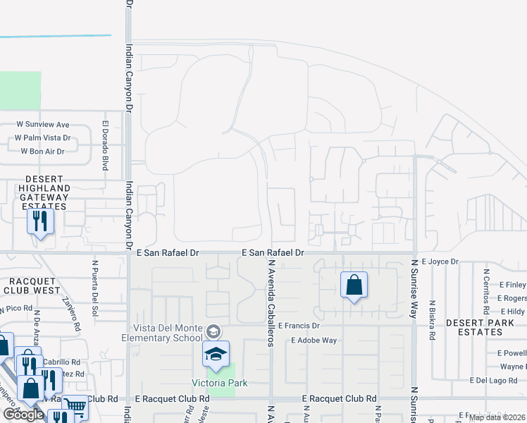 map of restaurants, bars, coffee shops, grocery stores, and more near 854 Nugget Lane in Palm Springs