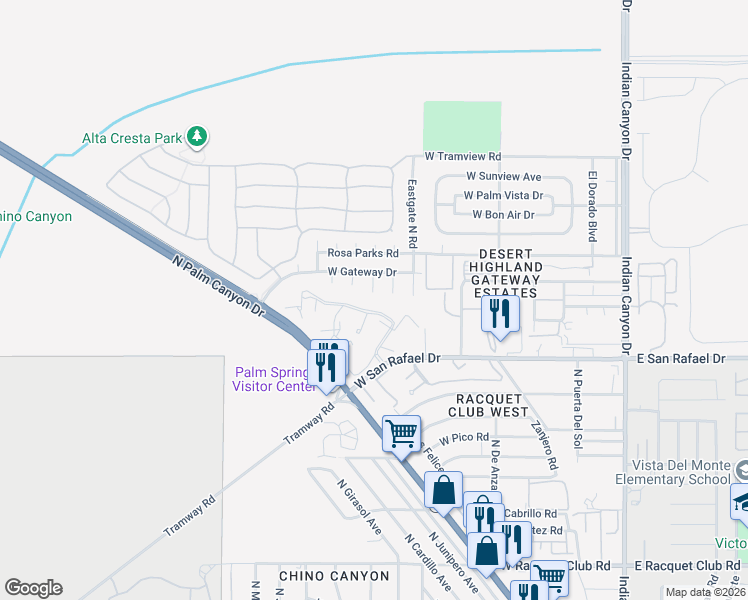 map of restaurants, bars, coffee shops, grocery stores, and more near 16 Ashby Circle in Palm Springs