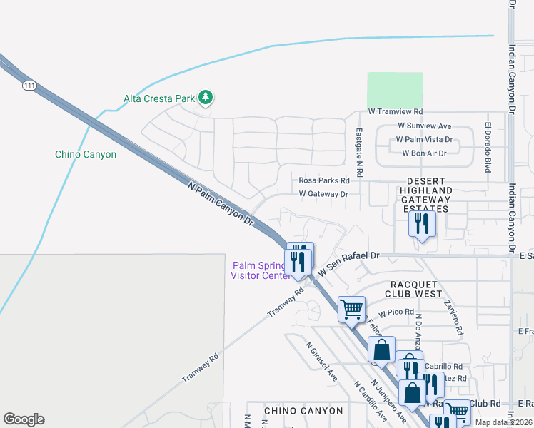 map of restaurants, bars, coffee shops, grocery stores, and more near 751 Los Felices Circle West in Palm Springs