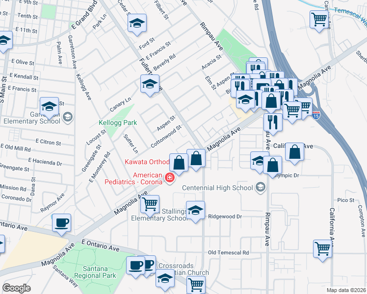 map of restaurants, bars, coffee shops, grocery stores, and more near 851 Tangerine Street in Corona