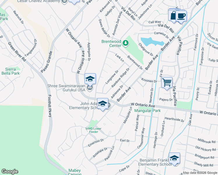 map of restaurants, bars, coffee shops, grocery stores, and more near 2293 Longview Drive in Corona