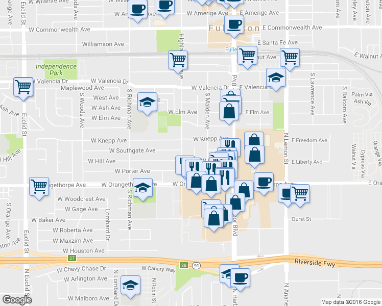 map of restaurants, bars, coffee shops, grocery stores, and more near 52 West Hill Avenue in Fullerton