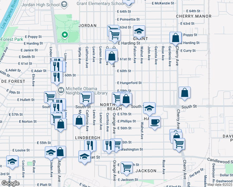 map of restaurants, bars, coffee shops, grocery stores, and more near 5847 Orange Avenue in Long Beach