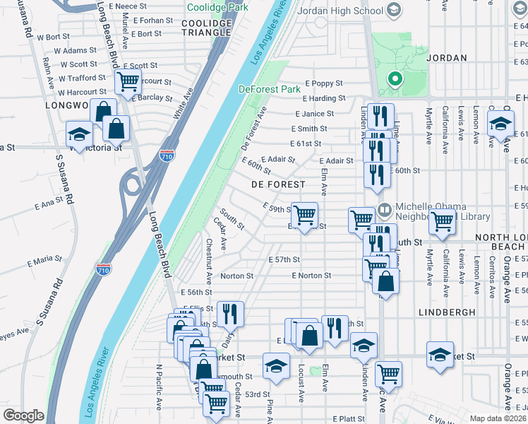 map of restaurants, bars, coffee shops, grocery stores, and more near 174 East Hullett Street in Long Beach