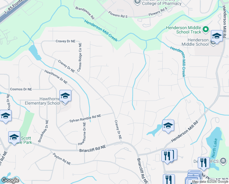 map of restaurants, bars, coffee shops, grocery stores, and more near 3009 Shenandoah Valley Road Northeast in Atlanta