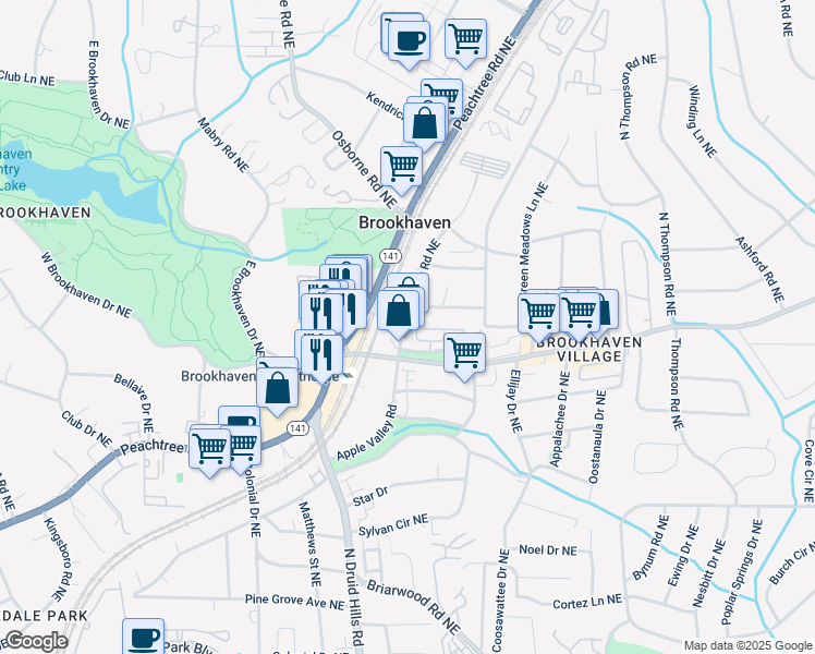 map of restaurants, bars, coffee shops, grocery stores, and more near 2583 Apple Valley Road in Atlanta