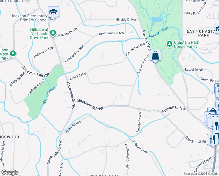 map of restaurants, bars, coffee shops, grocery stores, and more near 281 Blackland Road Northwest in Atlanta