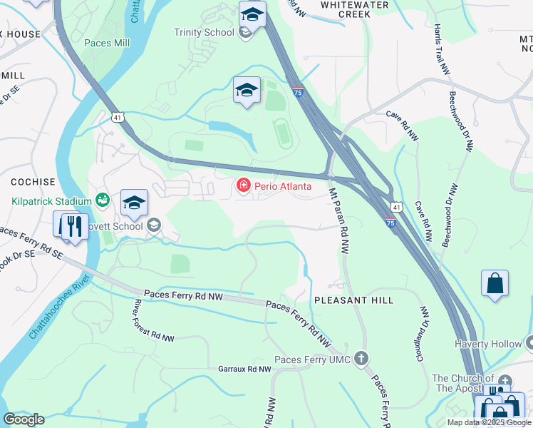 map of restaurants, bars, coffee shops, grocery stores, and more near 3905 Parian Ridge Road Northwest in Atlanta