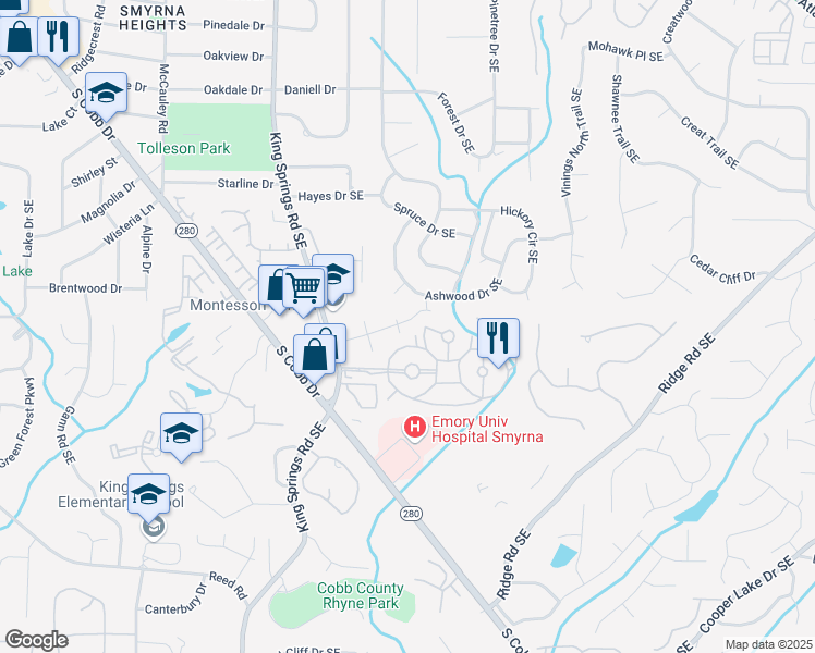 map of restaurants, bars, coffee shops, grocery stores, and more near 7058 Roundtable Court Southeast in Smyrna