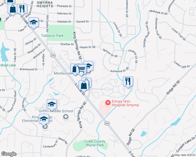 map of restaurants, bars, coffee shops, grocery stores, and more near 1295 South Lea Court Southeast in Smyrna