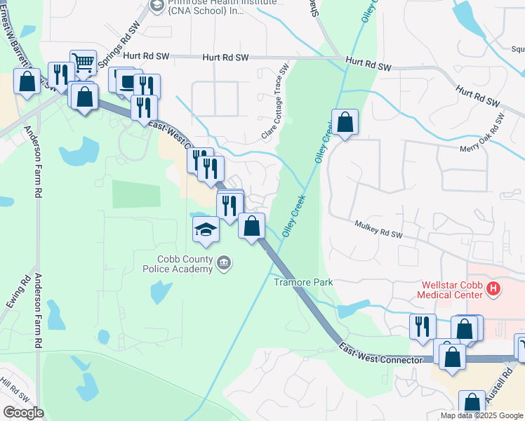 map of restaurants, bars, coffee shops, grocery stores, and more near East-West Connector in Marietta