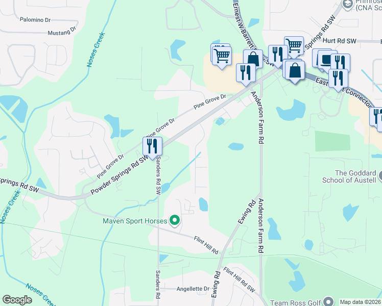 map of restaurants, bars, coffee shops, grocery stores, and more near 3776 Cedar Drive in Marietta