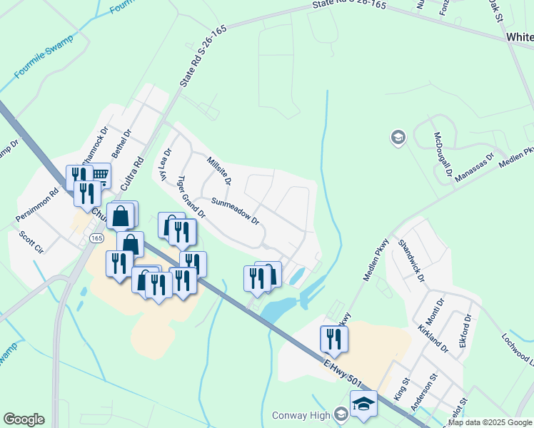 map of restaurants, bars, coffee shops, grocery stores, and more near 1513 Sunmeadow Drive in Conway