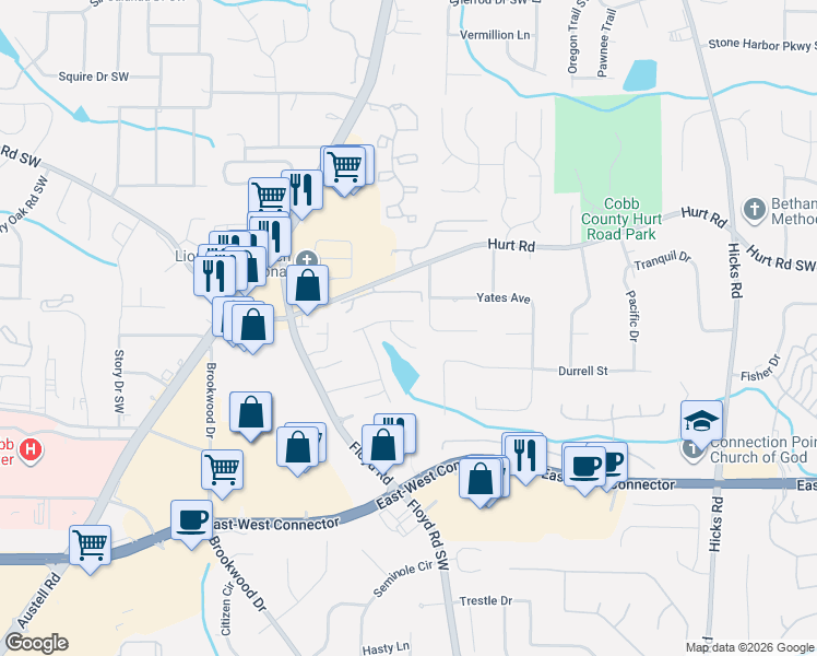 map of restaurants, bars, coffee shops, grocery stores, and more near 3706 Heyford Court in Austell
