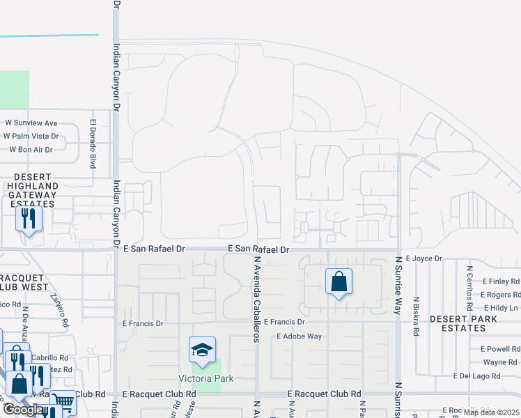 map of restaurants, bars, coffee shops, grocery stores, and more near 3390 East Circulo San Sorrento Road in Palm Springs