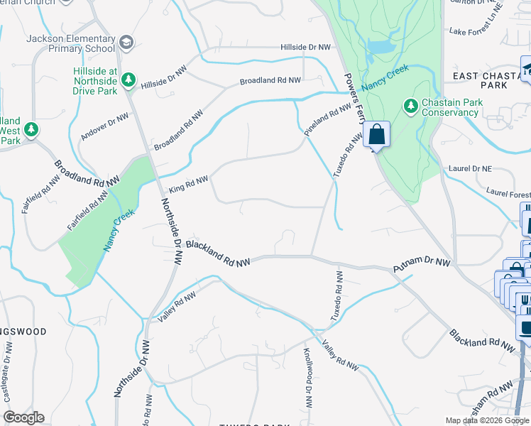 map of restaurants, bars, coffee shops, grocery stores, and more near 281 Blackland Road Northwest in Atlanta