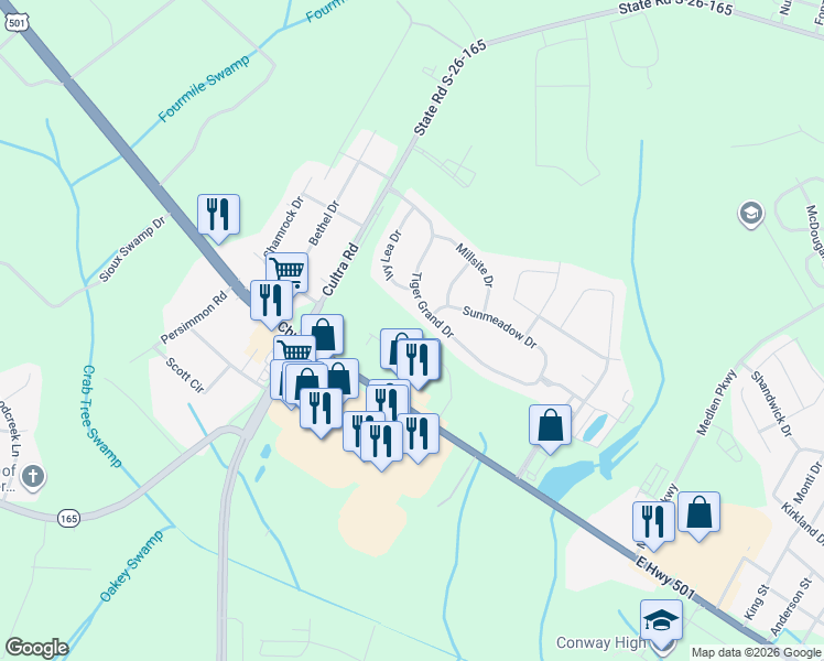 map of restaurants, bars, coffee shops, grocery stores, and more near 2780 U.S. 501 in Conway