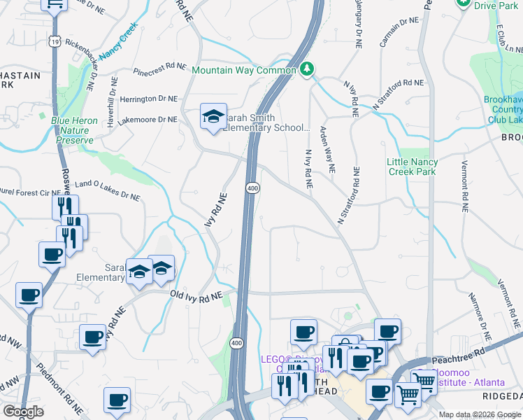 map of restaurants, bars, coffee shops, grocery stores, and more near 3860 Stratford Walk Circle in Atlanta