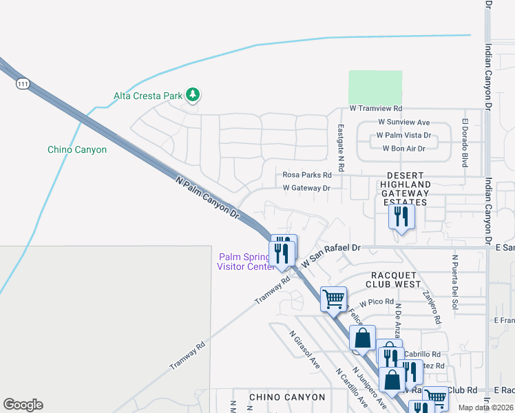 map of restaurants, bars, coffee shops, grocery stores, and more near 751 Los Felices Circle West in Palm Springs