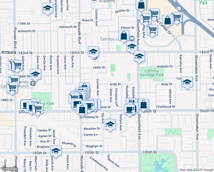 map of restaurants, bars, coffee shops, grocery stores, and more near 12374 Andy Street in Cerritos
