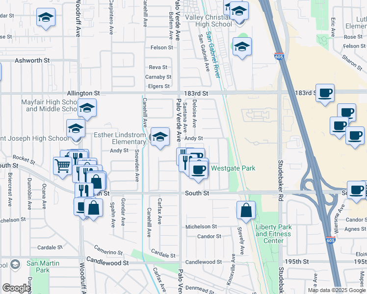 map of restaurants, bars, coffee shops, grocery stores, and more near 18620 Palo Verde Avenue in Cerritos