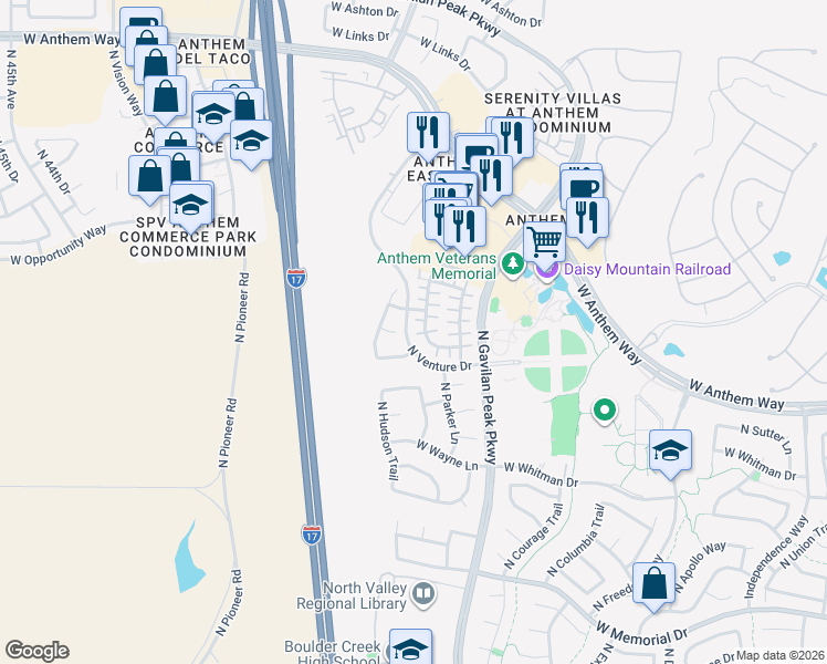 map of restaurants, bars, coffee shops, grocery stores, and more near 41362 North Miles Court in Phoenix