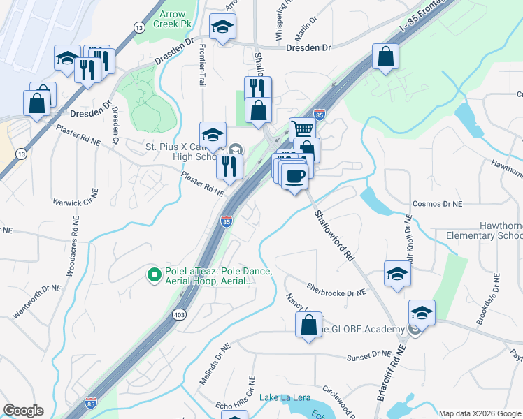 map of restaurants, bars, coffee shops, grocery stores, and more near 2825 Northeast Expressway in Atlanta