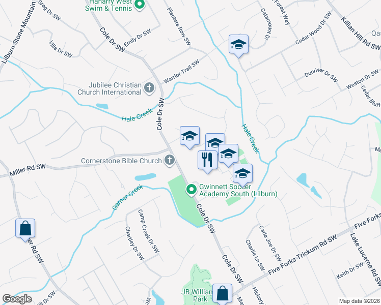map of restaurants, bars, coffee shops, grocery stores, and more near 958 Cole Drive Southwest in Lilburn
