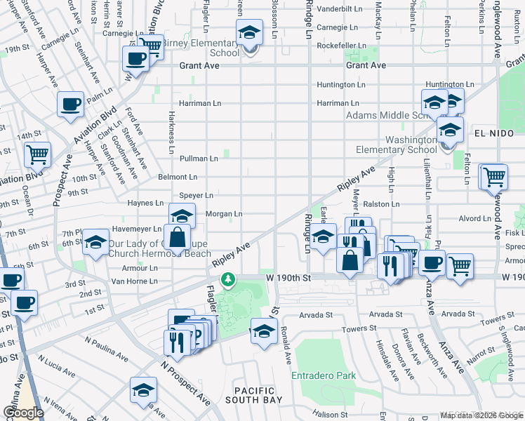 map of restaurants, bars, coffee shops, grocery stores, and more near 2015 Morgan Lane in Redondo Beach