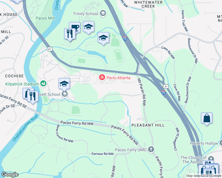 map of restaurants, bars, coffee shops, grocery stores, and more near 3905 Parian Ridge Road Northwest in Atlanta